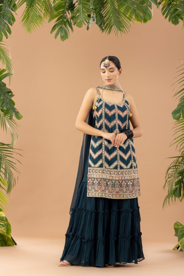 Navy chevron-embroidered kurta set with dupatta