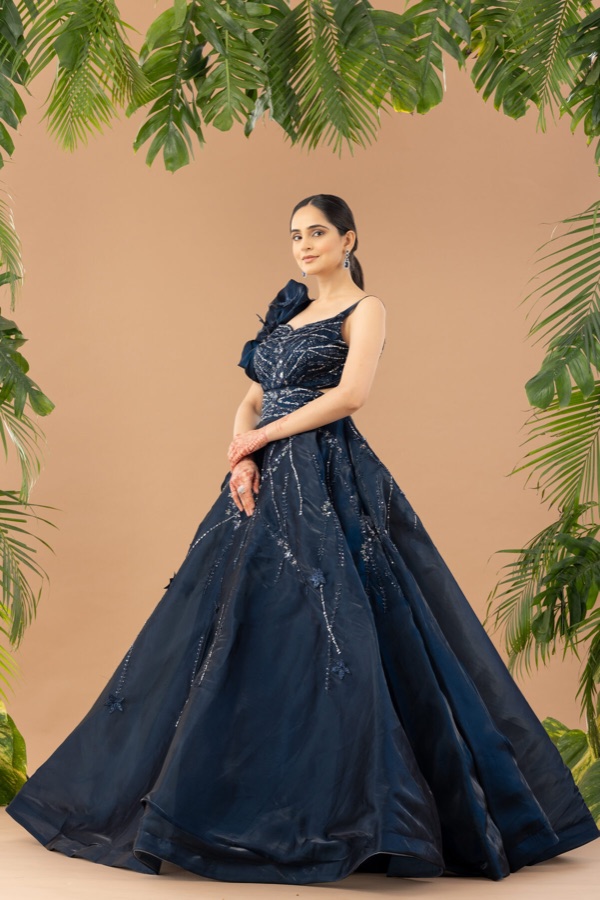 Navy ball gown, side profile