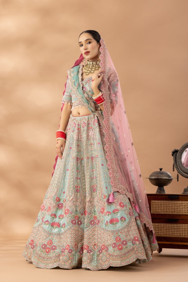 Pastel mint lehenga with pink dupatta