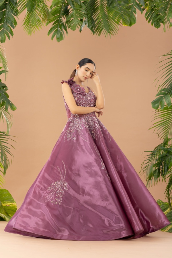 Mauve ball gown with floral embellishment